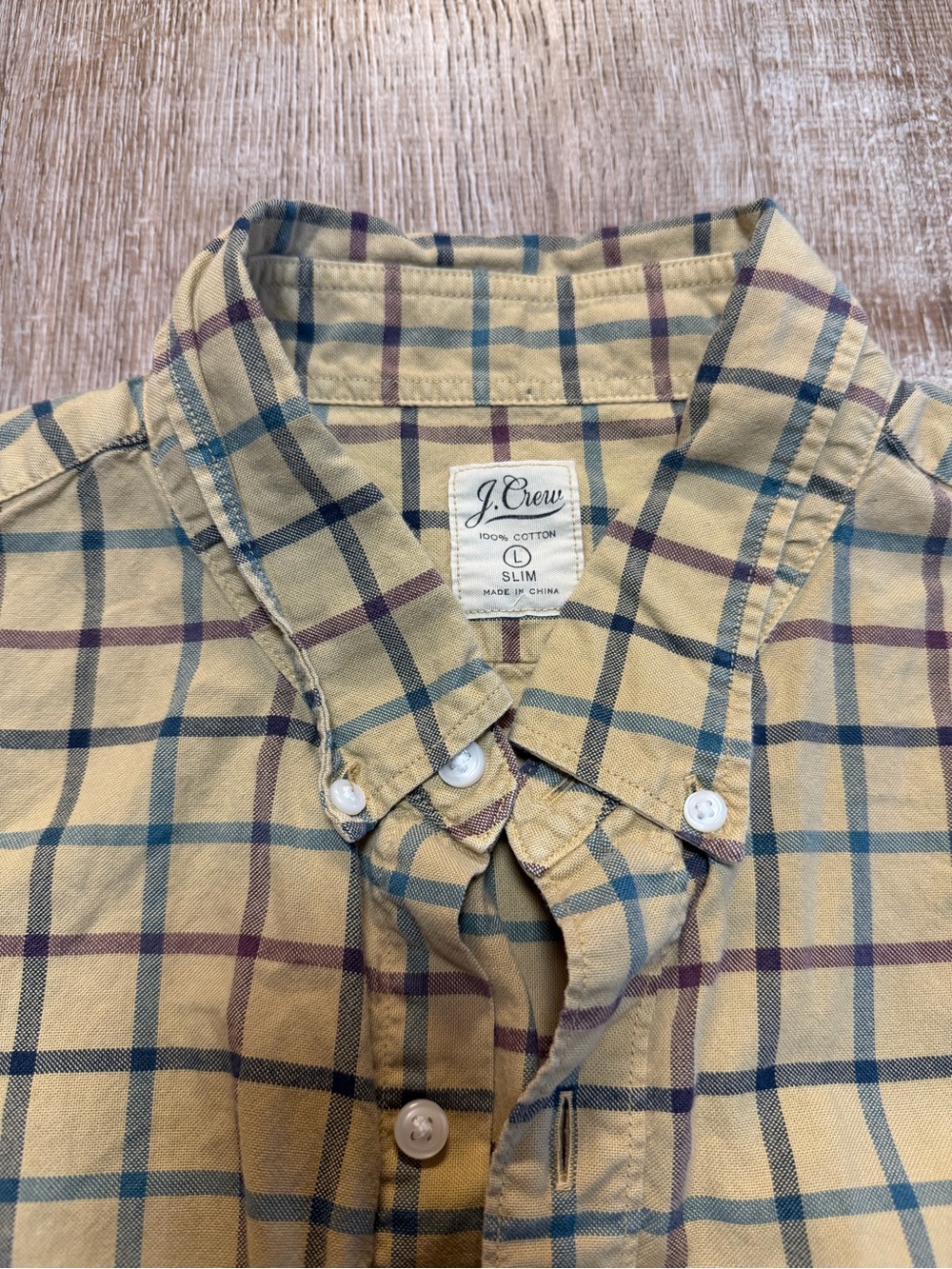 J.Crew Men’s L Slim 100% Cotton Plaid Button Up Shirt Tan Navy Burgundy